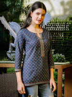 Thumbnail for Yufta Blue Cotton Geometric Regular Top