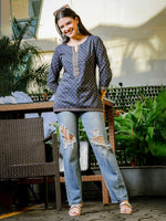 Thumbnail for Yufta Blue Cotton Geometric Regular Top