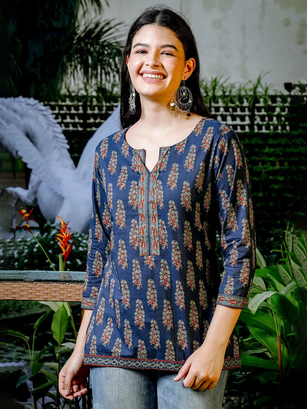 Yufta Blue Cotton Floral Block Print Regular Top