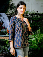 Thumbnail for Yufta Blue Cotton Floral Block Print Regular Top