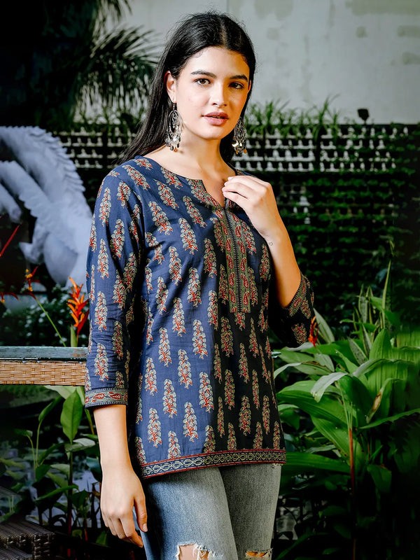 Yufta Blue Cotton Floral Block Print Regular Top