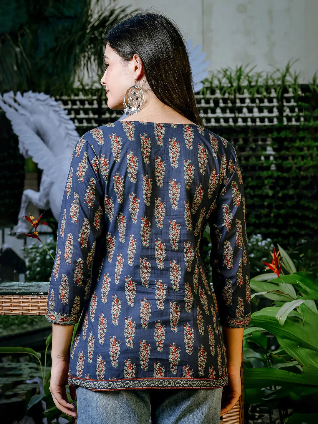 Yufta Blue Cotton Floral Block Print Regular Top