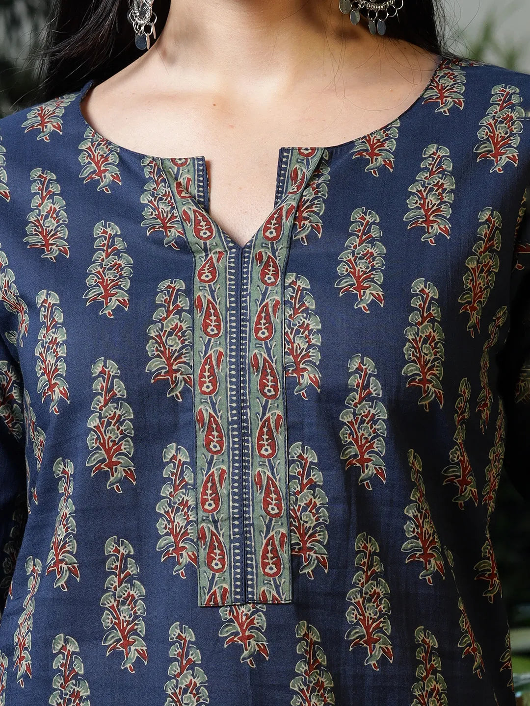 Yufta Blue Cotton Floral Block Print Regular Top