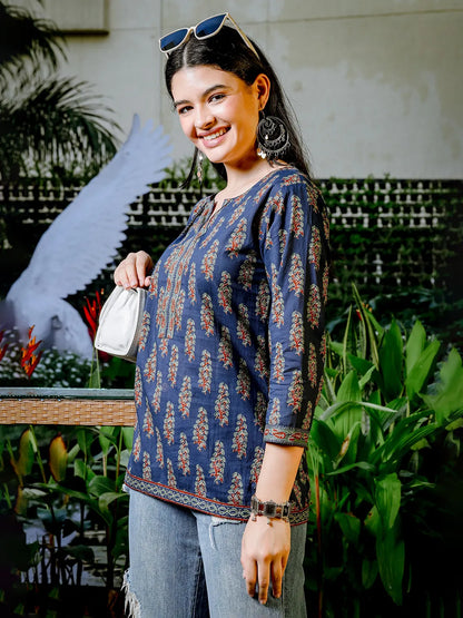 Yufta Blue Cotton Floral Block Print Regular Top - Distacart