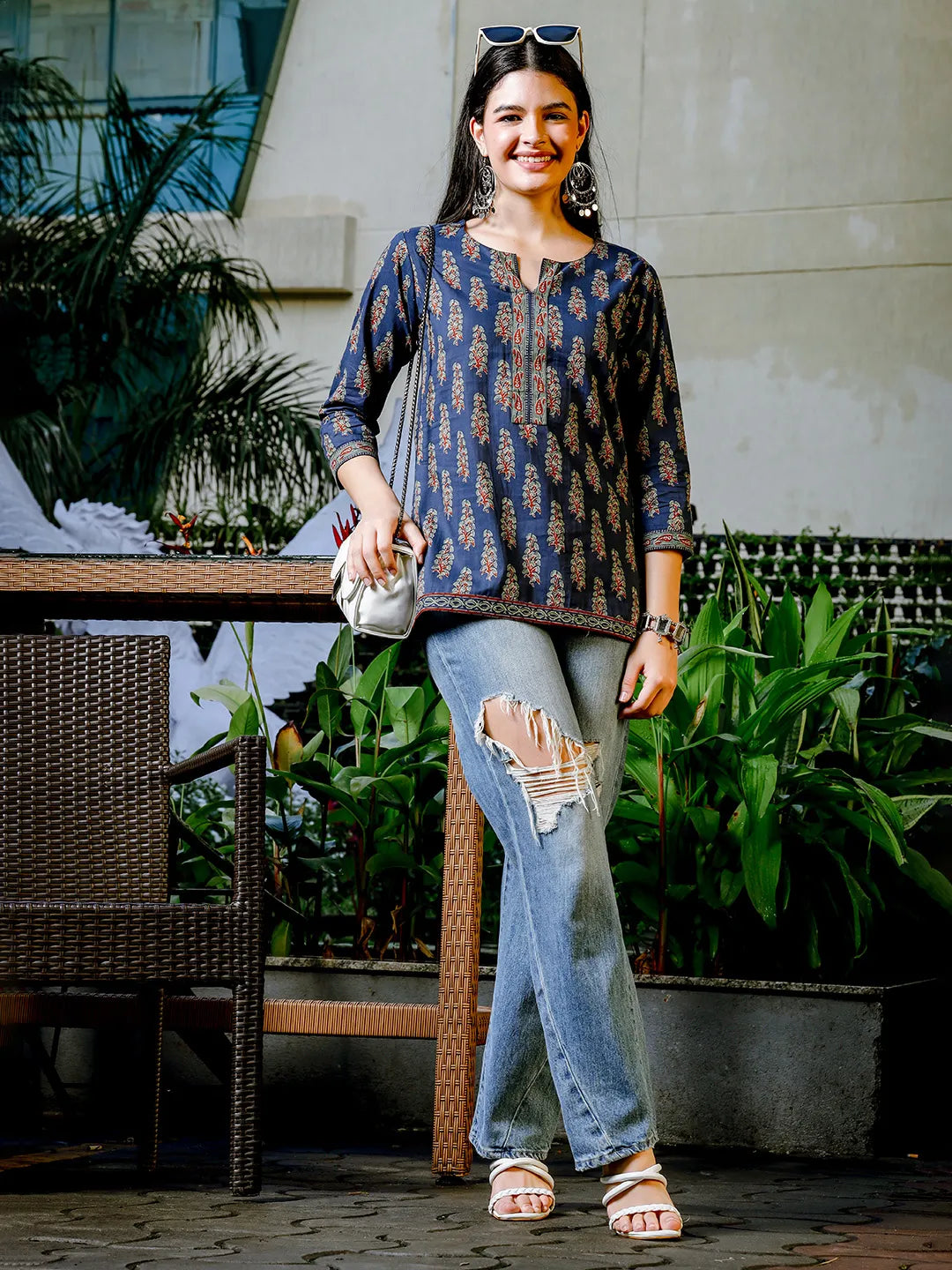 Yufta Blue Cotton Floral Block Print Regular Top