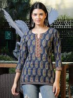 Thumbnail for Yufta Blue Cotton Paisley Print Regular Top