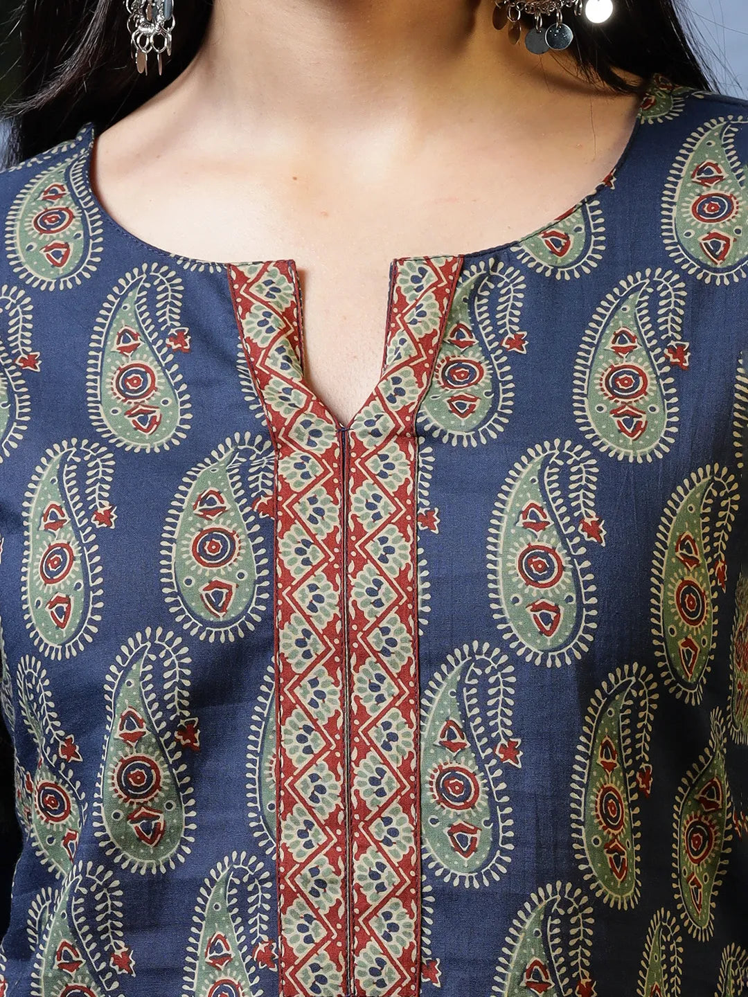 Yufta Blue Cotton Paisley Print Regular Top