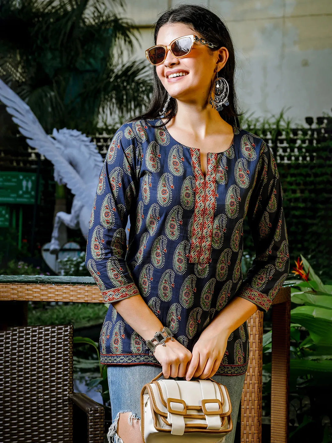 Yufta Blue Cotton Paisley Print Regular Top