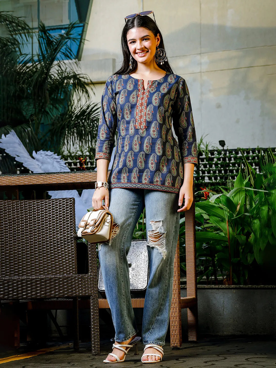 Yufta Blue Cotton Paisley Print Regular Top
