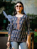 Thumbnail for Yufta Blue Cotton Paisley Print Regular Top
