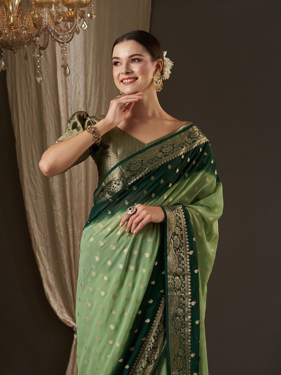 Anouk Green & Gold-Toned Woven Design Zari Pure Georgette Kanjeevaram Saree - Distacart