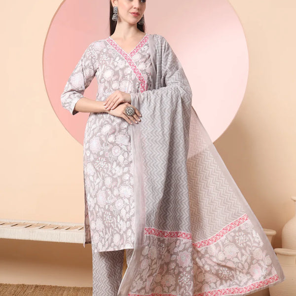 Yufta Grey Pure Cotton Angrakha Kurta Dupatta Pant Set - Distacart