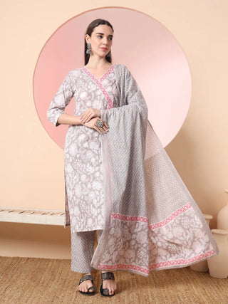 Yufta Grey Pure Cotton Angrakha Kurta Dupatta Pant Set - Distacart