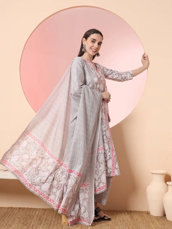 Yufta Grey Pure Cotton Angrakha Kurta Dupatta Pant Set