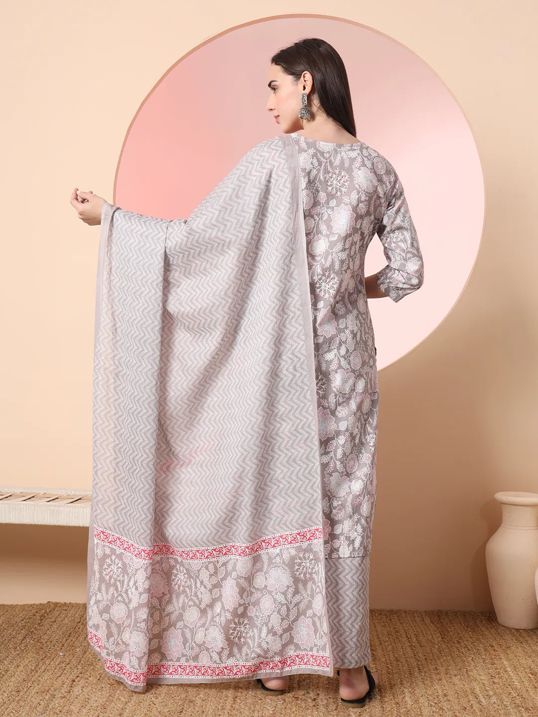 Yufta Grey Pure Cotton Angrakha Kurta Dupatta Pant Set