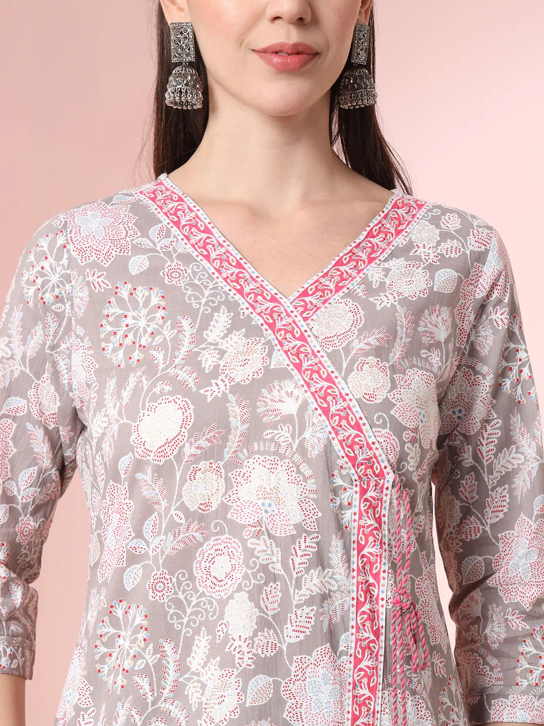 Yufta Grey Pure Cotton Angrakha Kurta Dupatta Pant Set