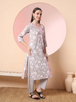 Thumbnail for Yufta Grey Pure Cotton Angrakha Kurta Dupatta Pant Set