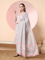 Thumbnail for Yufta Grey Pure Cotton Angrakha Kurta Dupatta Pant Set