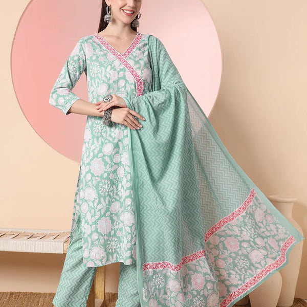 Yufta Sea Green Pure Cotton Angrakha Kurta Dupatta Pant Set - Distacart