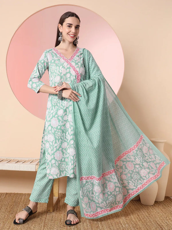 Yufta Sea Green Pure Cotton Angrakha Kurta Dupatta Pant Set