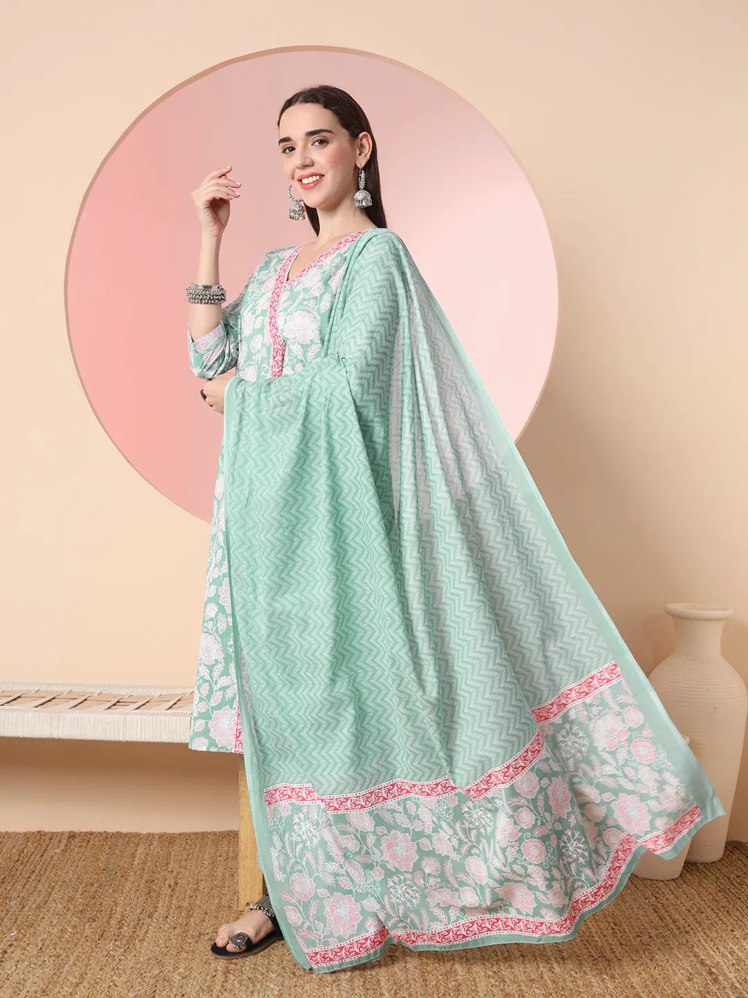Yufta Sea Green Pure Cotton Angrakha Kurta Dupatta Pant Set - Distacart