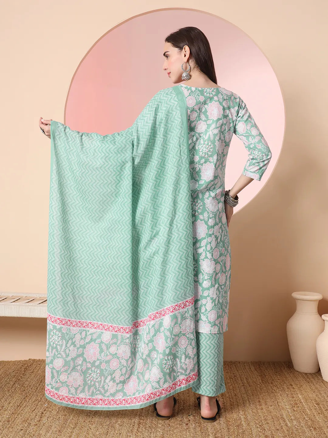 Yufta Sea Green Pure Cotton Angrakha Kurta Dupatta Pant Set