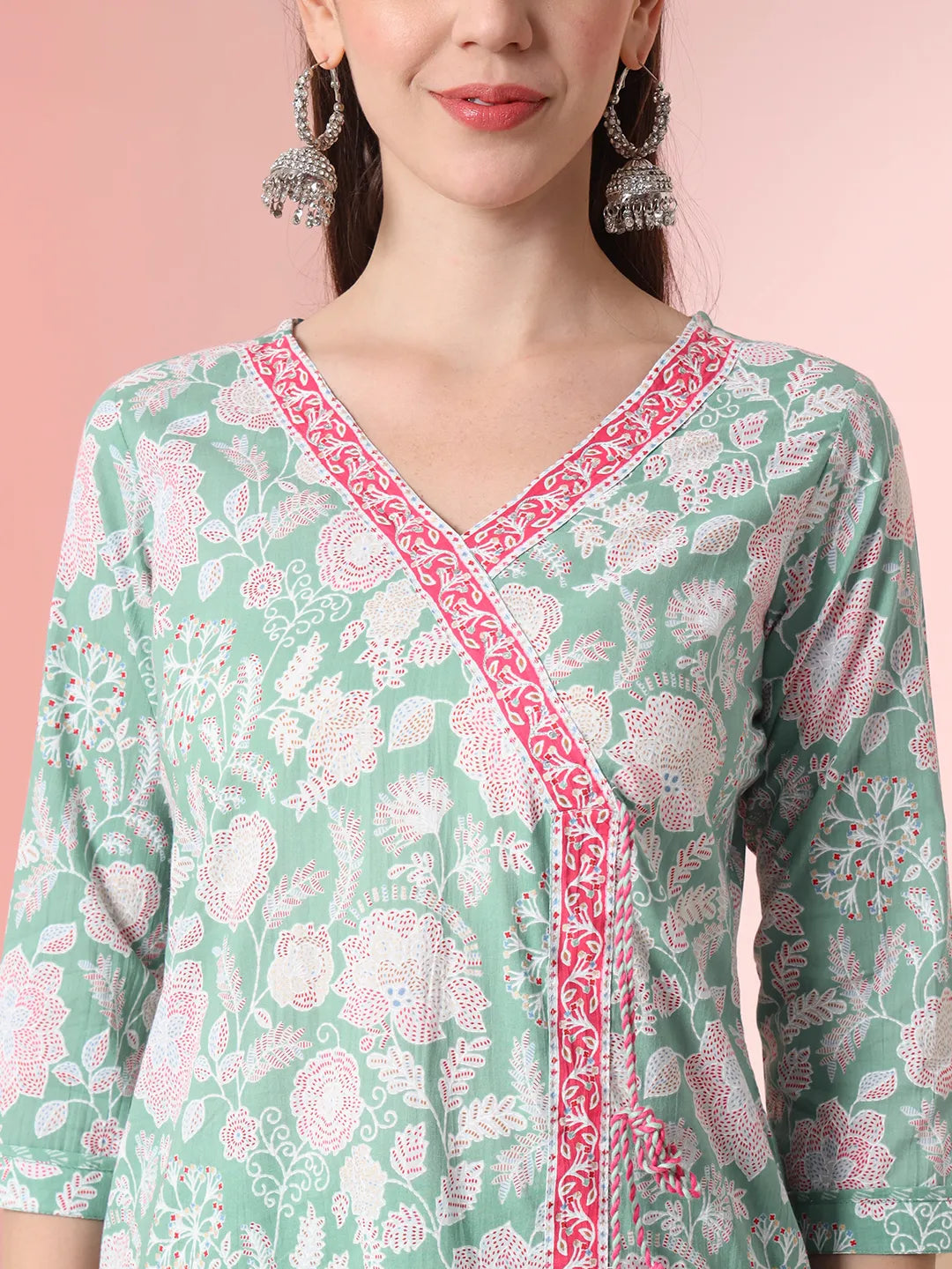Yufta Sea Green Pure Cotton Angrakha Kurta Dupatta Pant Set