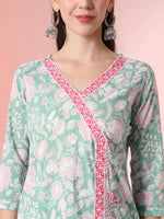 Thumbnail for Yufta Sea Green Pure Cotton Angrakha Kurta Dupatta Pant Set