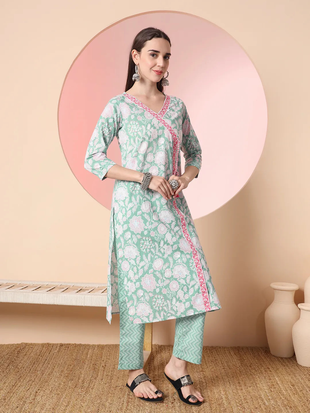 Yufta Sea Green Pure Cotton Angrakha Kurta Dupatta Pant Set