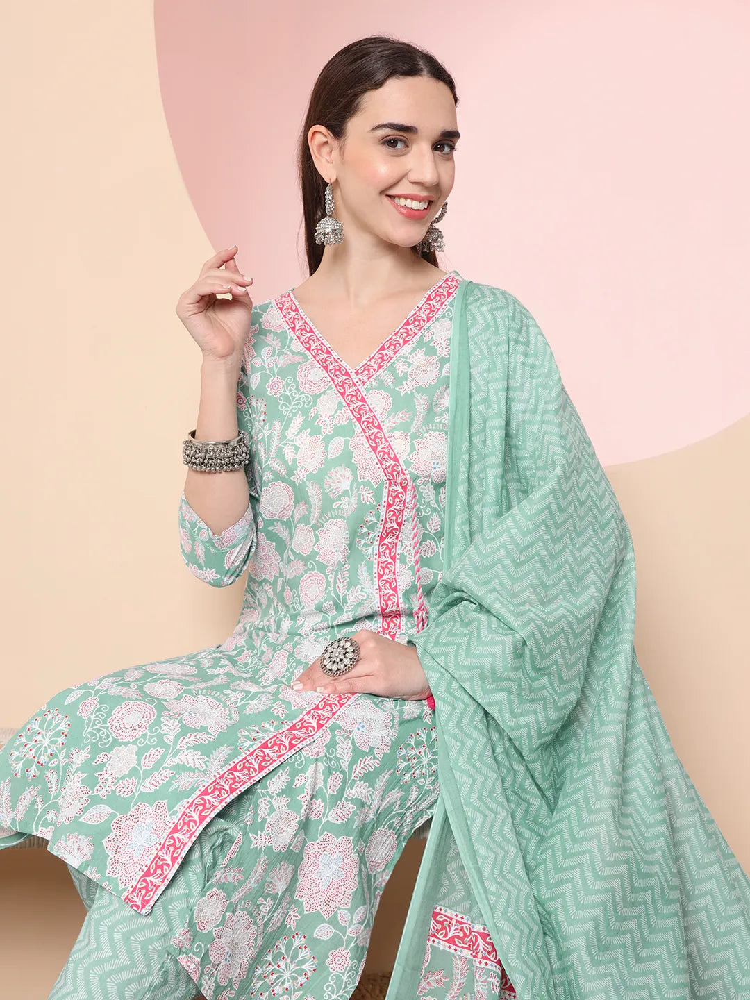 Yufta Sea Green Pure Cotton Angrakha Kurta Dupatta Pant Set
