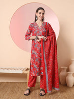 Thumbnail for Yufta Red Pure Cotton Thread_Work Straight Kurta Dupatta Pant Set