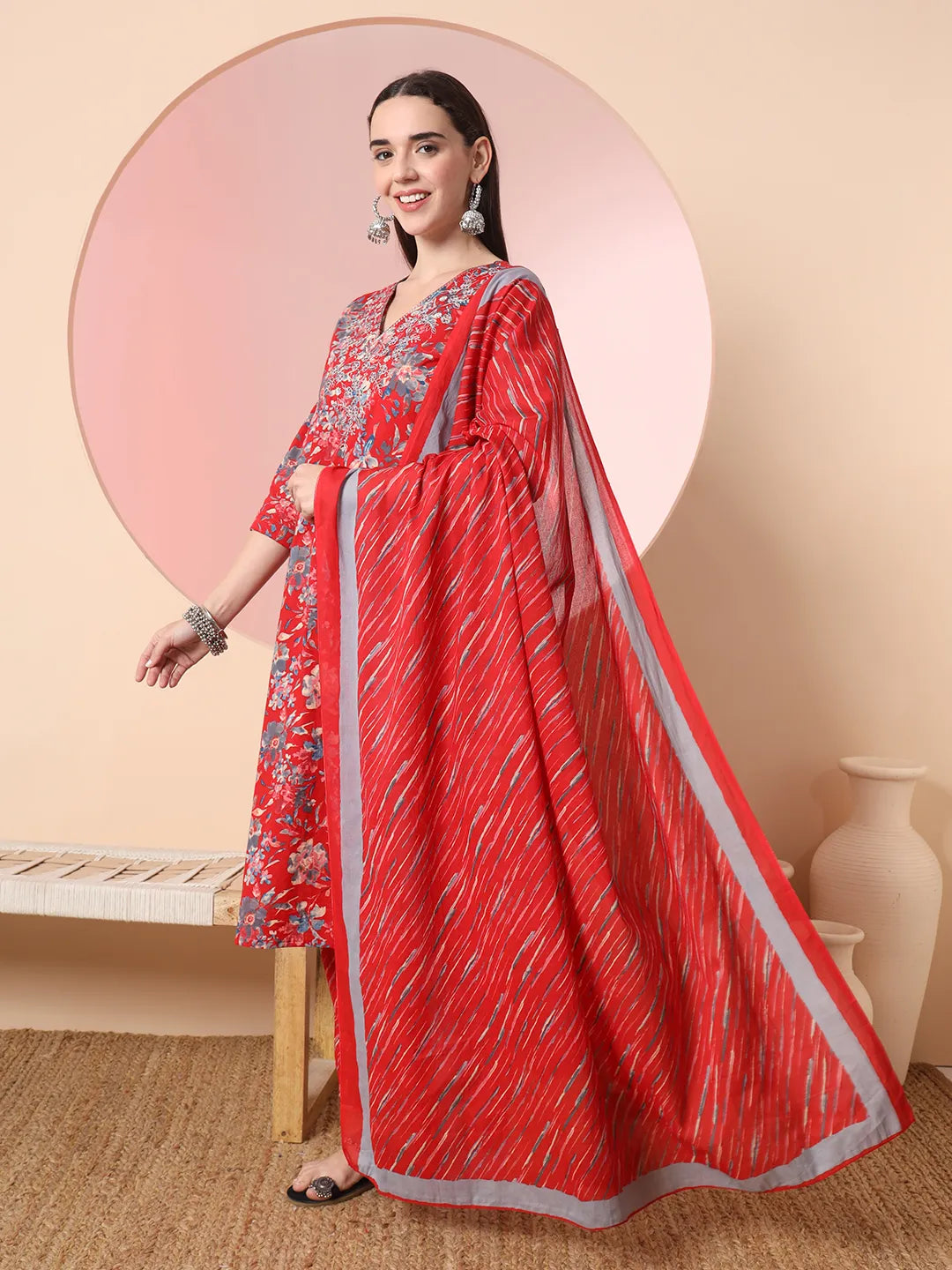 Yufta Red Pure Cotton Thread_Work Straight Kurta Dupatta Pant Set - Distacart