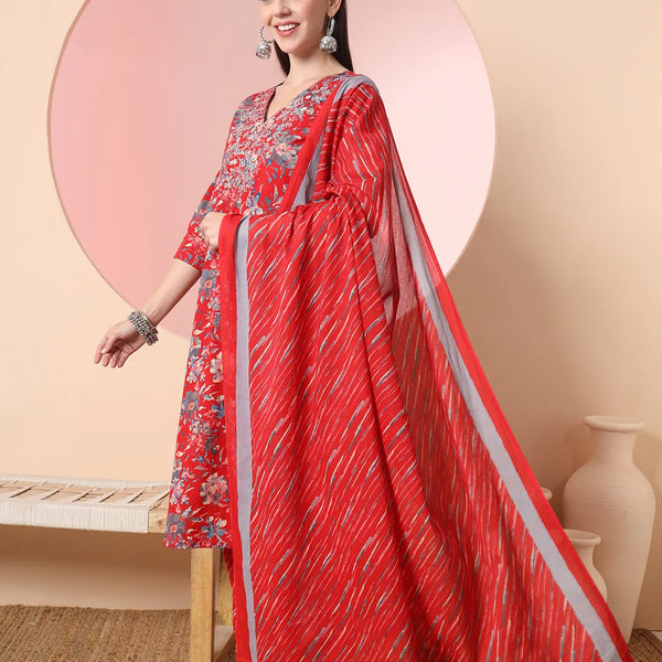 Yufta Red Pure Cotton Thread_Work Straight Kurta Dupatta Pant Set - Distacart