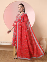 Thumbnail for Yufta Red Pure Cotton Thread_Work Straight Kurta Dupatta Pant Set