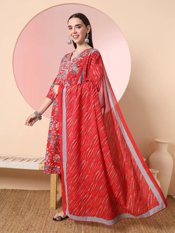 Yufta Red Pure Cotton Thread_Work Straight Kurta Dupatta Pant Set
