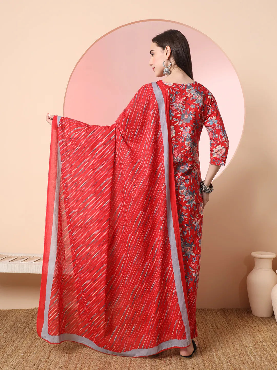 Yufta Red Pure Cotton Thread_Work Straight Kurta Dupatta Pant Set