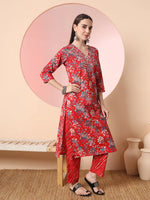 Thumbnail for Yufta Red Pure Cotton Thread_Work Straight Kurta Dupatta Pant Set