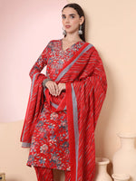 Thumbnail for Yufta Red Pure Cotton Thread_Work Straight Kurta Dupatta Pant Set