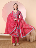 Thumbnail for Yufta Pink Pure Cotton Thread_Work Straight Kurta Dupatta Pant Set