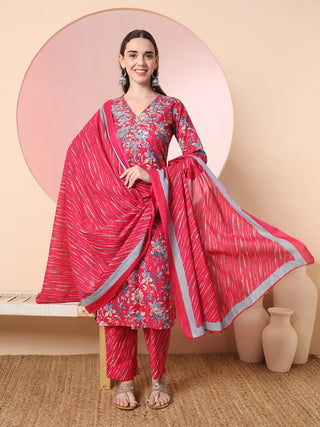 Yufta Pink Pure Cotton Thread_Work Straight Kurta Dupatta Pant Set - Distacart