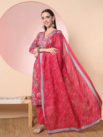Thumbnail for Yufta Pink Pure Cotton Thread_Work Straight Kurta Dupatta Pant Set