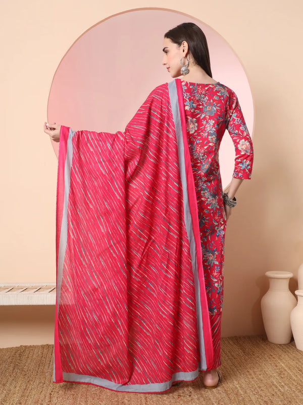 Yufta Pink Pure Cotton Thread_Work Straight Kurta Dupatta Pant Set