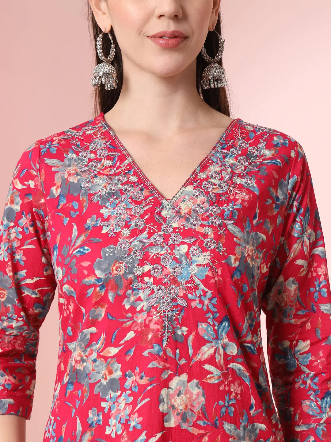 Yufta Pink Pure Cotton Thread_Work Straight Kurta Dupatta Pant Set