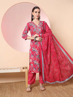 Thumbnail for Yufta Pink Pure Cotton Thread_Work Straight Kurta Dupatta Pant Set