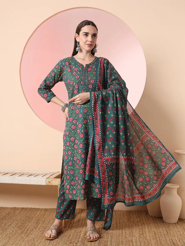 Yufta Green Floral Embroidered Kurta with Trousers with dupatta Set