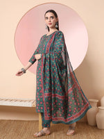 Thumbnail for Yufta Green Floral Embroidered Kurta with Trousers with dupatta Set