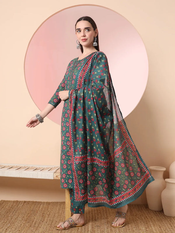 Yufta Green Floral Embroidered Kurta with Trousers with dupatta Set
