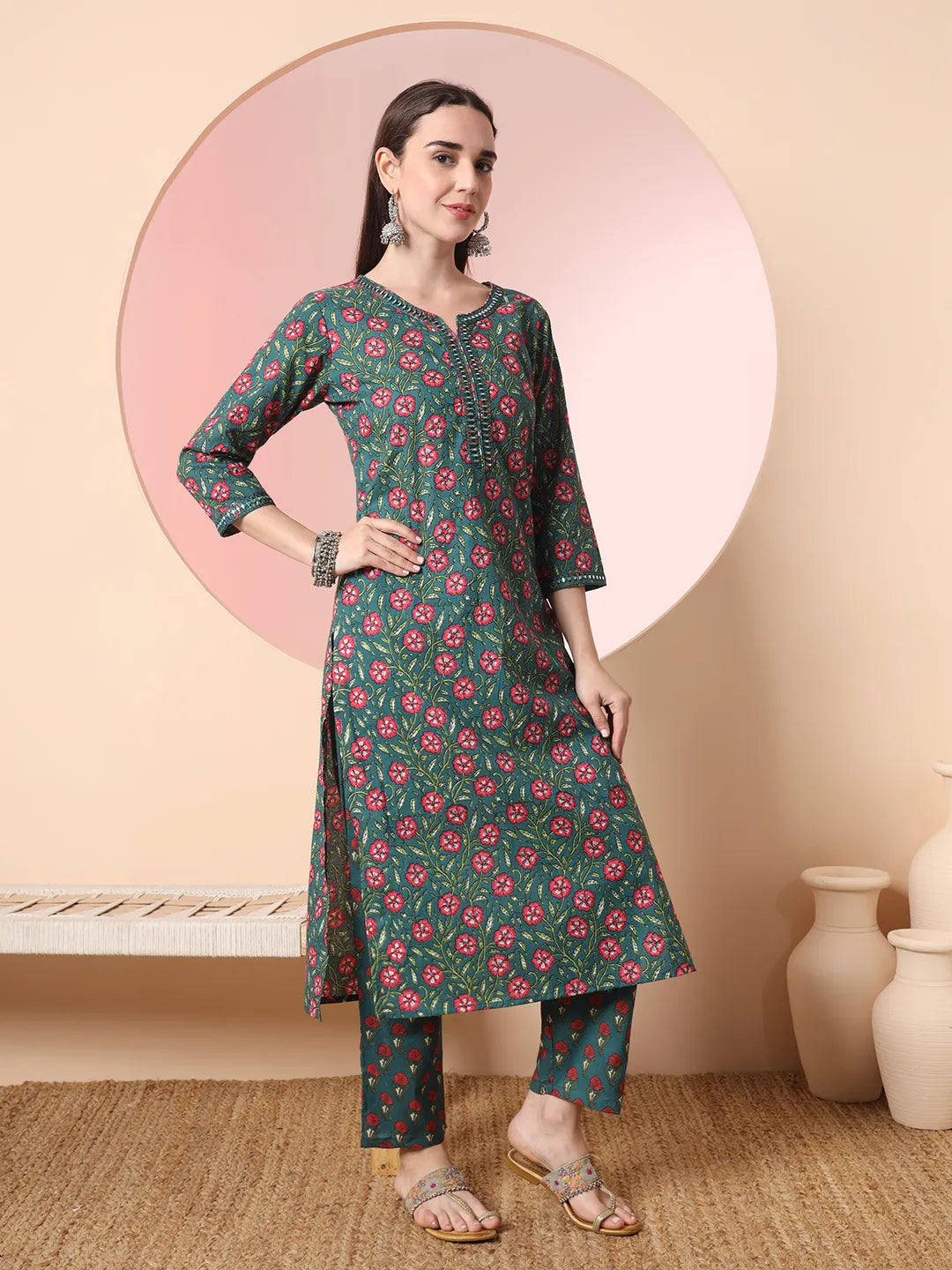 Yufta Green Floral Embroidered Kurta with Trousers with dupatta Set