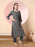 Thumbnail for Yufta Green Floral Embroidered Kurta with Trousers with dupatta Set