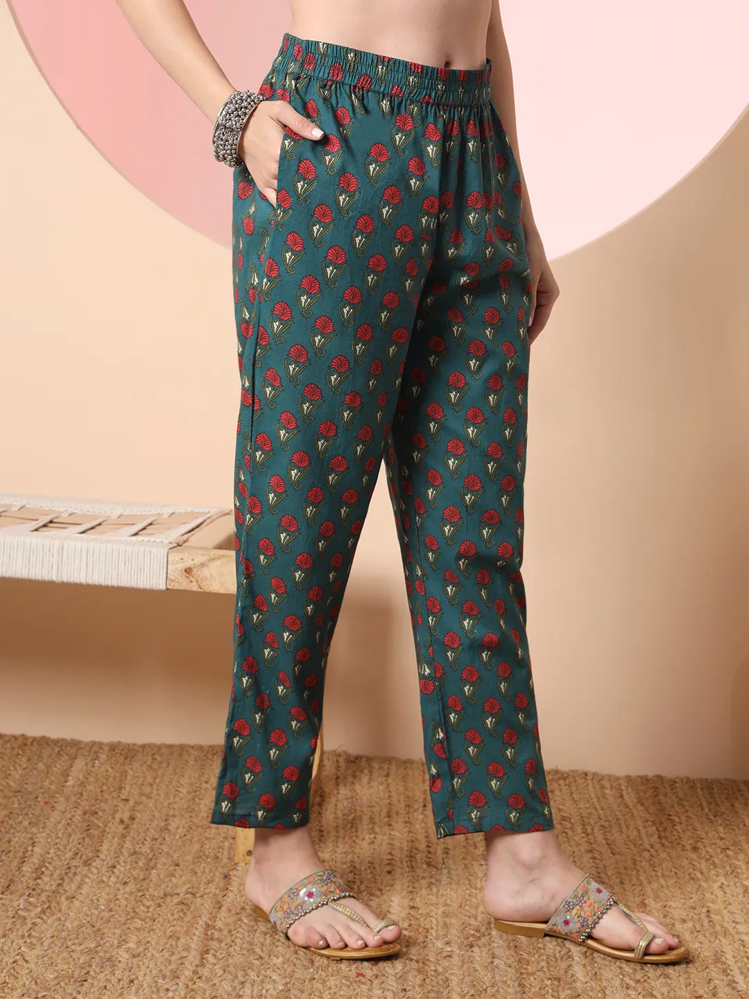 Yufta Green Floral Embroidered Kurta with Trousers with dupatta Set